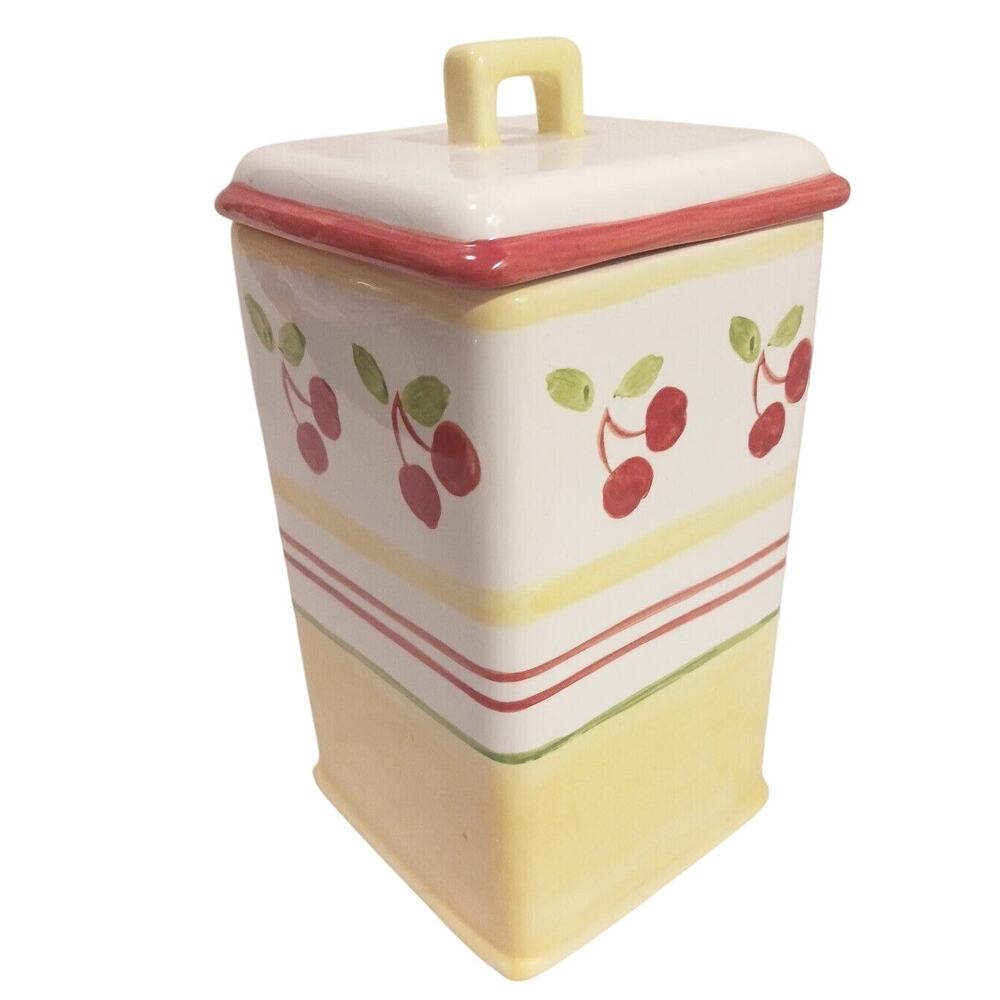 RARE Yellow Red Cherries Clay Canister Art Sonoma Ceramic 8" Flour Sugar Cottage